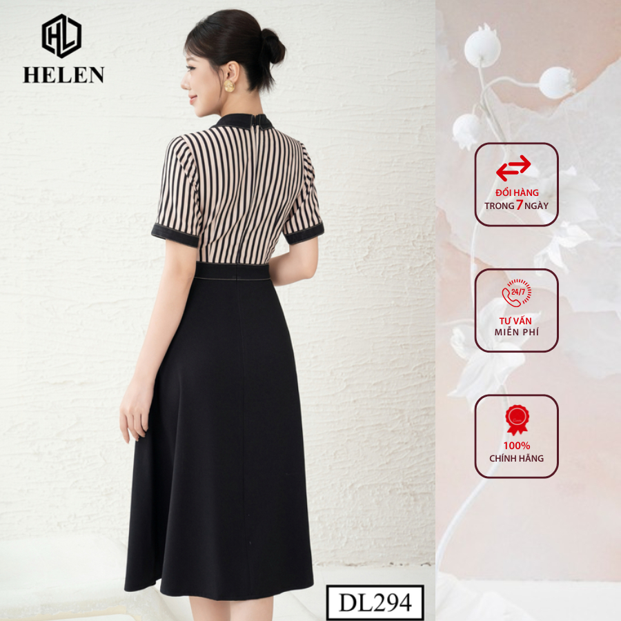 Đầm công sở HELEN thiết kế dáng xòe kẻ nâu phối chân đen DL294