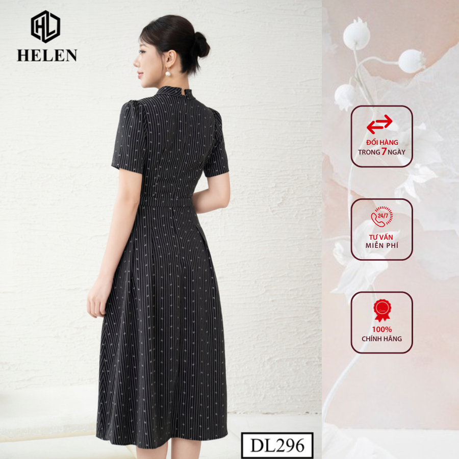 Đầm công sở HELEN thiết kế dáng xòe kẻ đen chấm nơ cổ thắt nơ DL296