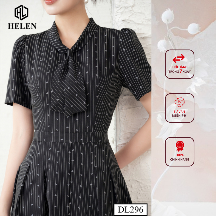Đầm công sở HELEN thiết kế dáng xòe kẻ đen chấm nơ cổ thắt nơ DL296