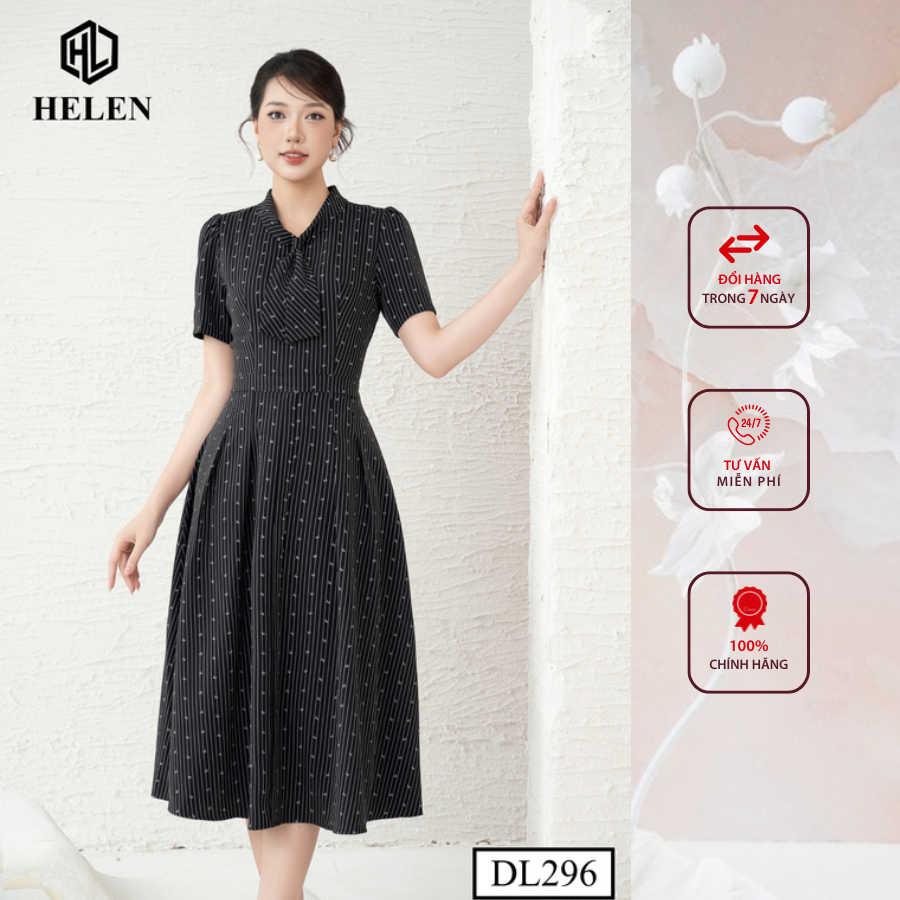 Đầm công sở HELEN thiết kế dáng xòe kẻ đen chấm nơ cổ thắt nơ DL296