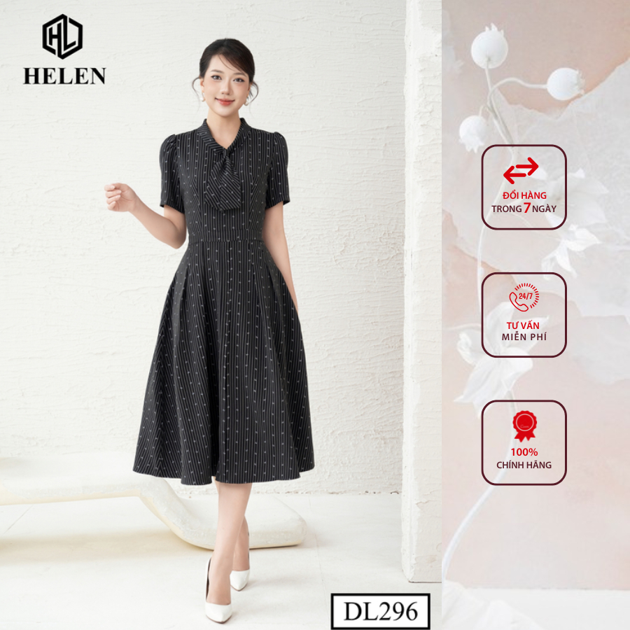 Đầm công sở HELEN thiết kế dáng xòe kẻ đen chấm nơ cổ thắt nơ DL296