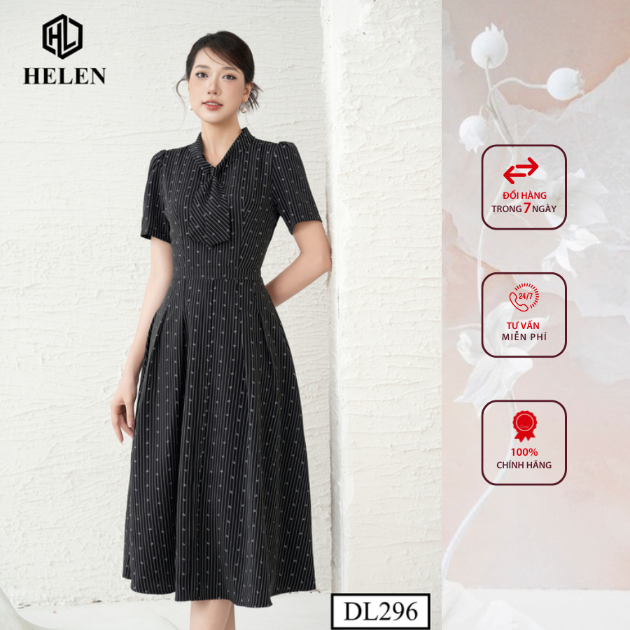Đầm công sở HELEN thiết kế dáng xòe kẻ đen chấm nơ cổ thắt nơ DL296