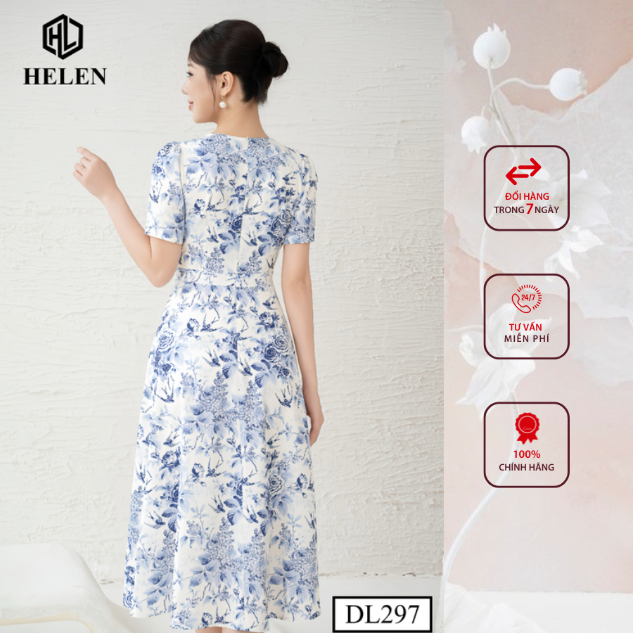Đầm công sở HELEN thiết kế dáng xòe hoa chim yến xanh ngực phối trắng DL297