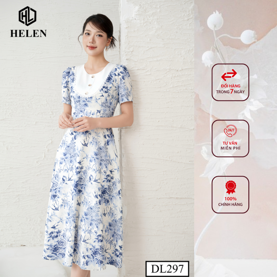 Đầm công sở HELEN thiết kế dáng xòe hoa chim yến xanh ngực phối trắng DL297