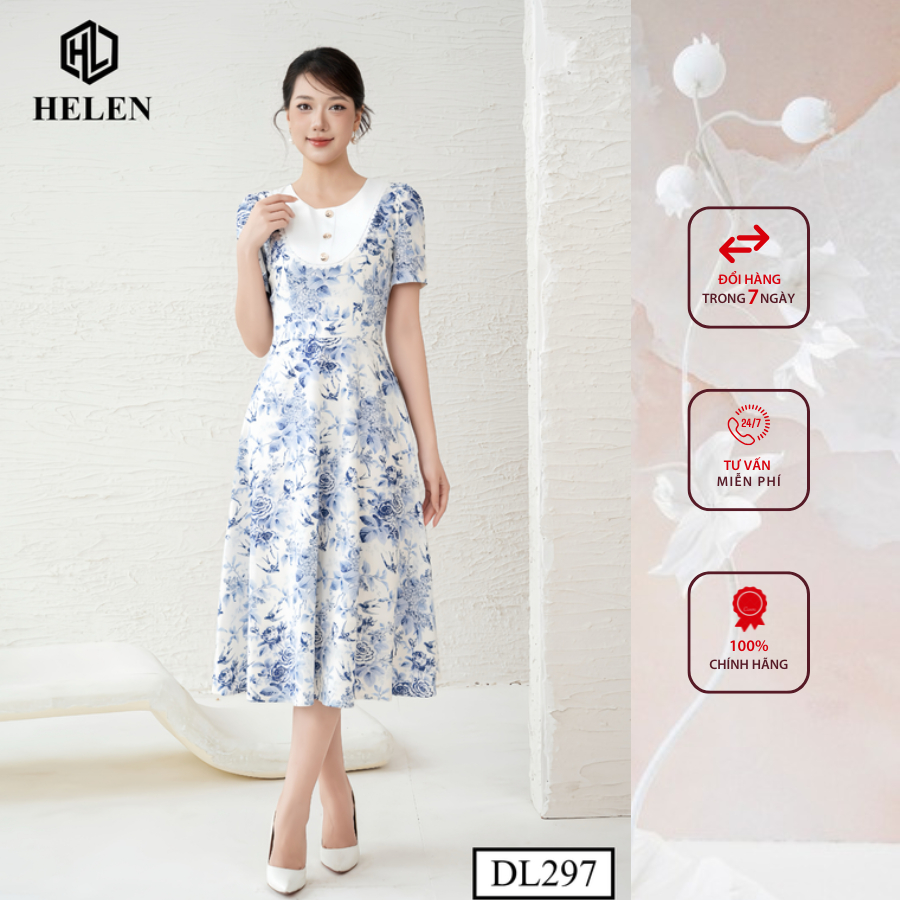 Đầm công sở HELEN thiết kế dáng xòe hoa chim yến xanh ngực phối trắng DL297