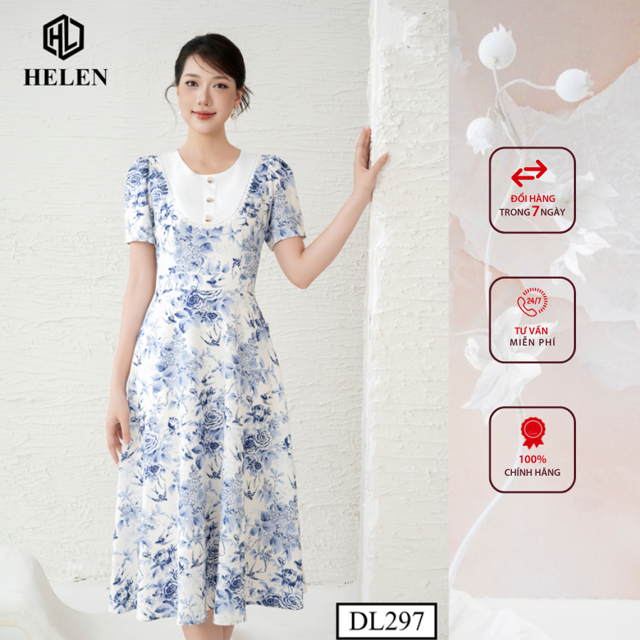 Đầm công sở HELEN thiết kế dáng xòe hoa chim yến xanh ngực phối trắng DL297