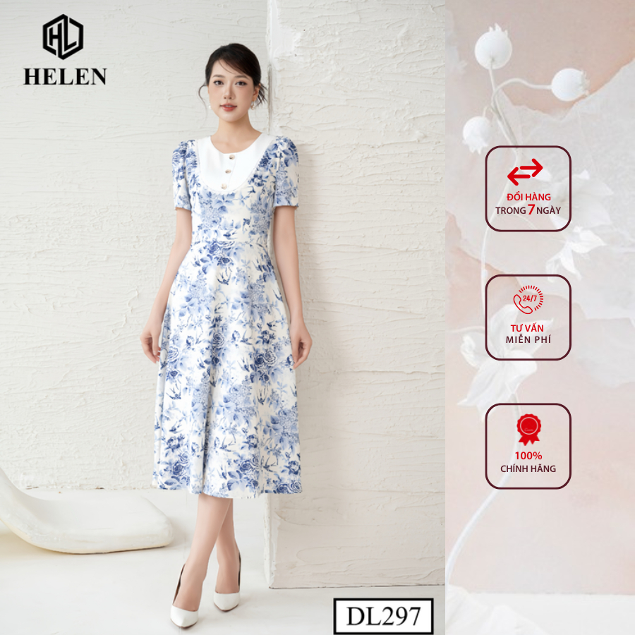 Đầm công sở HELEN thiết kế dáng xòe hoa chim yến xanh ngực phối trắng DL297