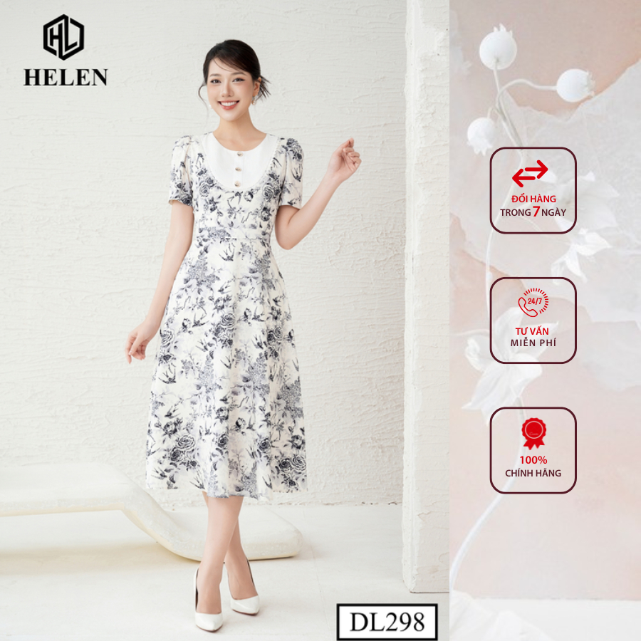 Đầm công sở HELEN thiết kế dáng xòe hoa chim yến nâu ngực phối trắng DL298
