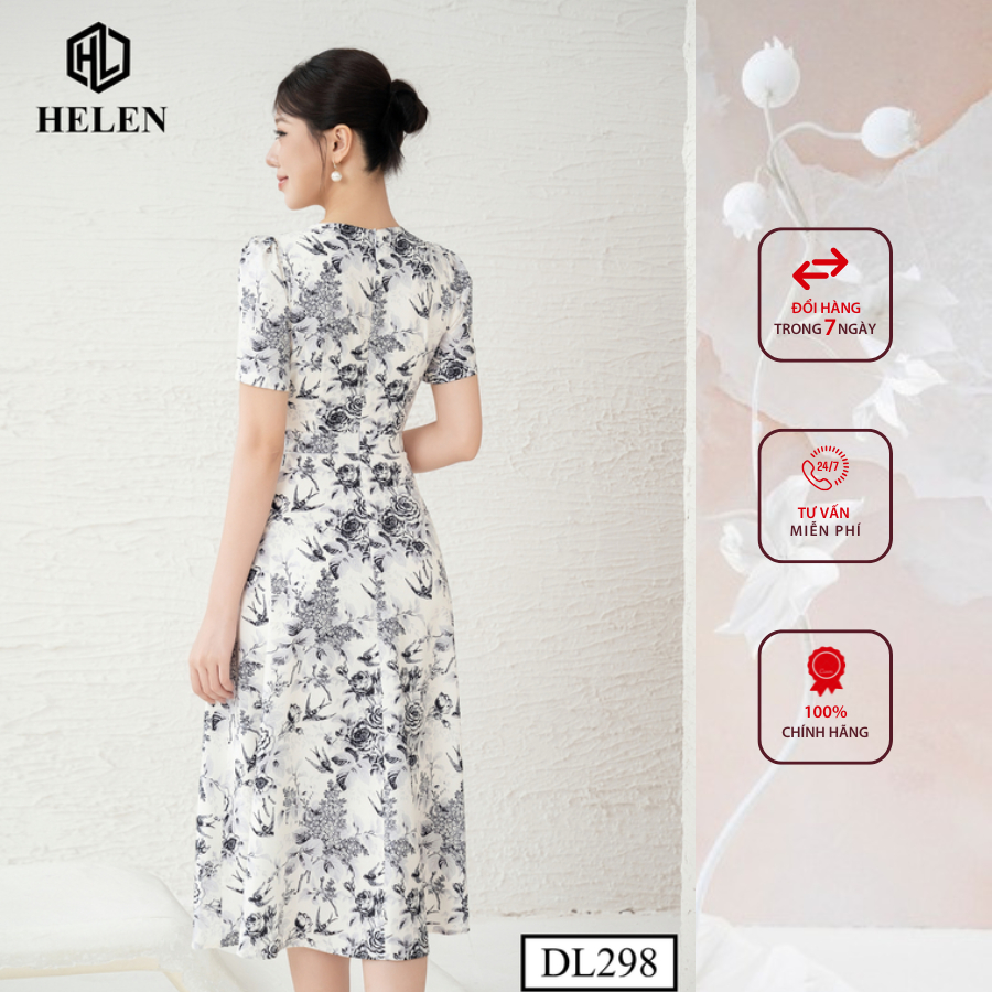 Đầm công sở HELEN thiết kế dáng xòe hoa chim yến nâu ngực phối trắng DL298