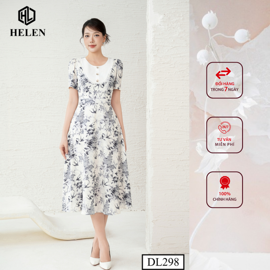 Đầm công sở HELEN thiết kế dáng xòe hoa chim yến nâu ngực phối trắng DL298