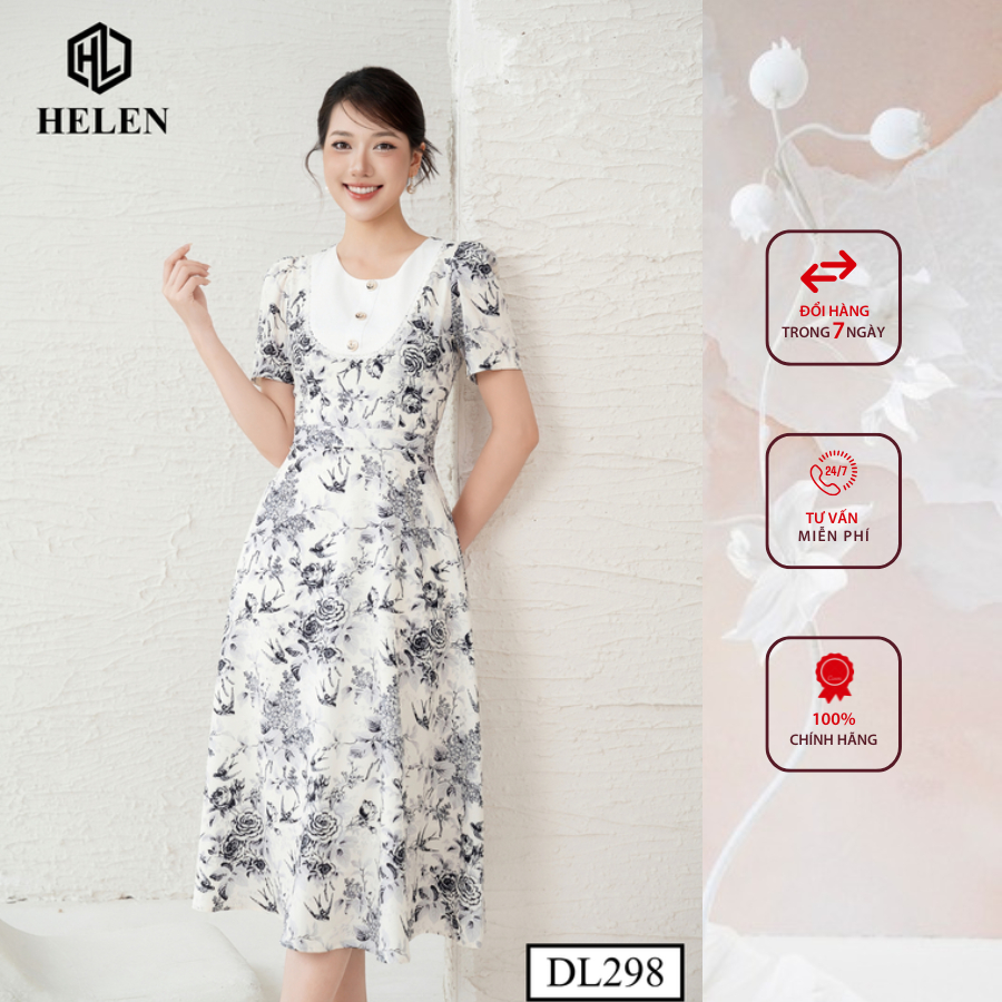 Đầm công sở HELEN thiết kế dáng xòe hoa chim yến nâu ngực phối trắng DL298