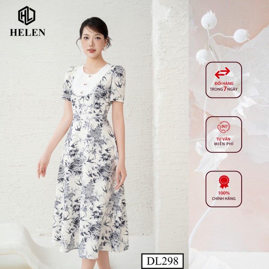 Đầm công sở HELEN thiết kế dáng xòe hoa chim yến nâu ngực phối trắng DL298