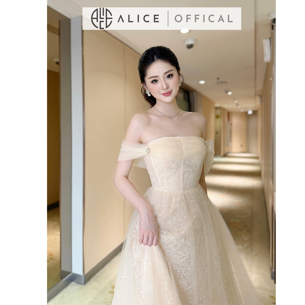 Váy Tiểu Thư Chất Lưới Alice, Đầm Maxi Trễ Vai Cúp Ngực, Váy Chiết Eo Tùng Xòe 3 Lớp T170-SX