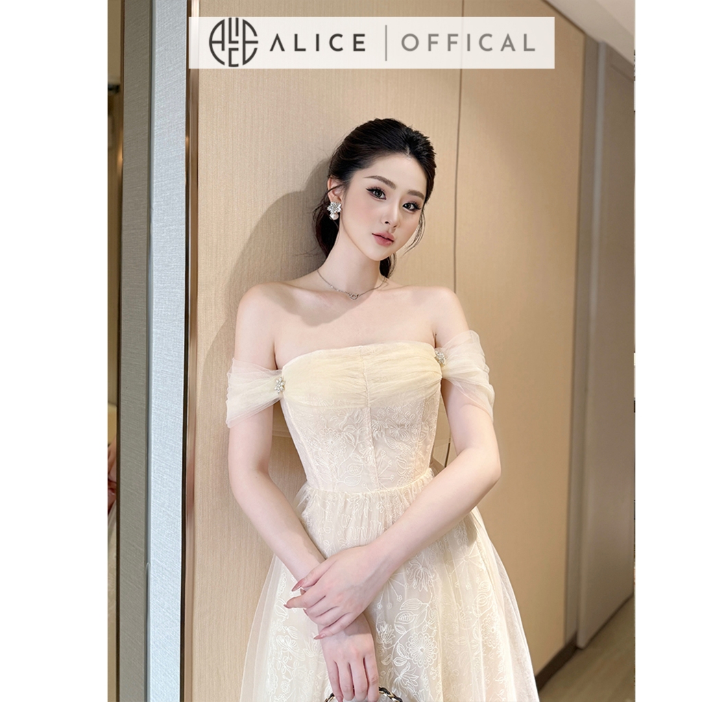 Váy Tiểu Thư Chất Lưới Alice, Đầm Maxi Trễ Vai Cúp Ngực, Váy Chiết Eo Tùng Xòe 3 Lớp T170-SX