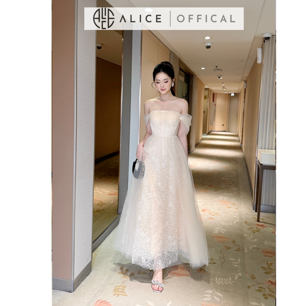 Váy Tiểu Thư Chất Lưới Alice, Đầm Maxi Trễ Vai Cúp Ngực, Váy Chiết Eo Tùng Xòe 3 Lớp T170-SX