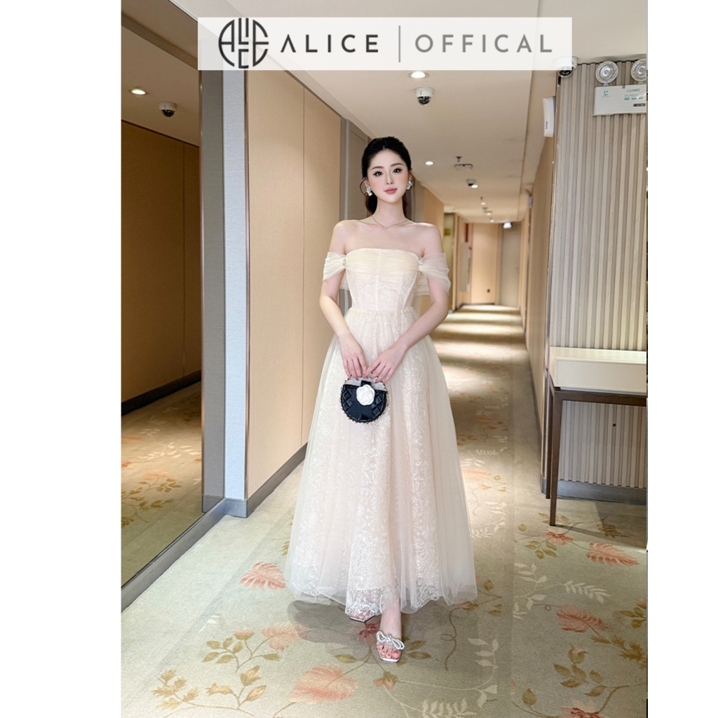 Váy Tiểu Thư Chất Lưới Alice, Đầm Maxi Trễ Vai Cúp Ngực, Váy Chiết Eo Tùng Xòe 3 Lớp T170-SX