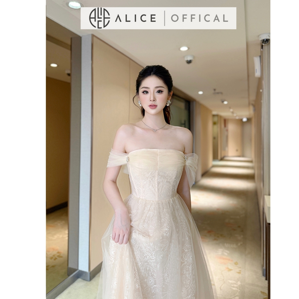 Váy Tiểu Thư Chất Lưới Alice, Đầm Maxi Trễ Vai Cúp Ngực, Váy Chiết Eo Tùng Xòe 3 Lớp T170-SX