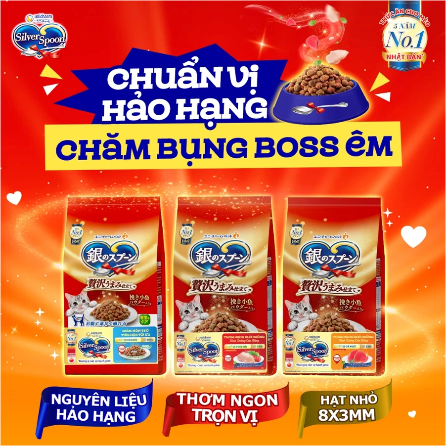 Hạt Cho Mèo Silver Spoon Unicharm 1kg Nội Địa Nhật Bản Đủ Vị Gà Cá Ngừ Và Dòng Giảm Nôn Trớ