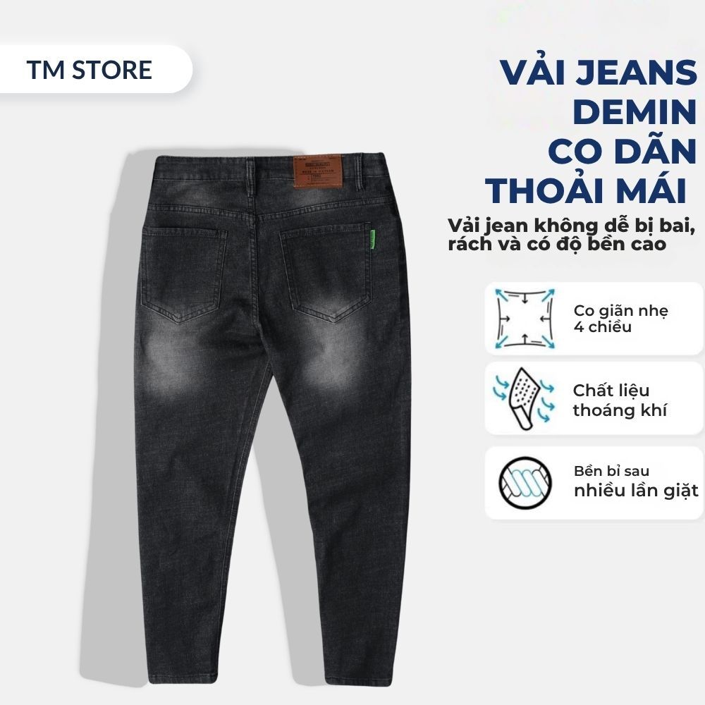 Quần jean nam đen Skinny trơn TM Store form Slim đẹp, Denim Cotton co giãn, Basic dễ phối đồ