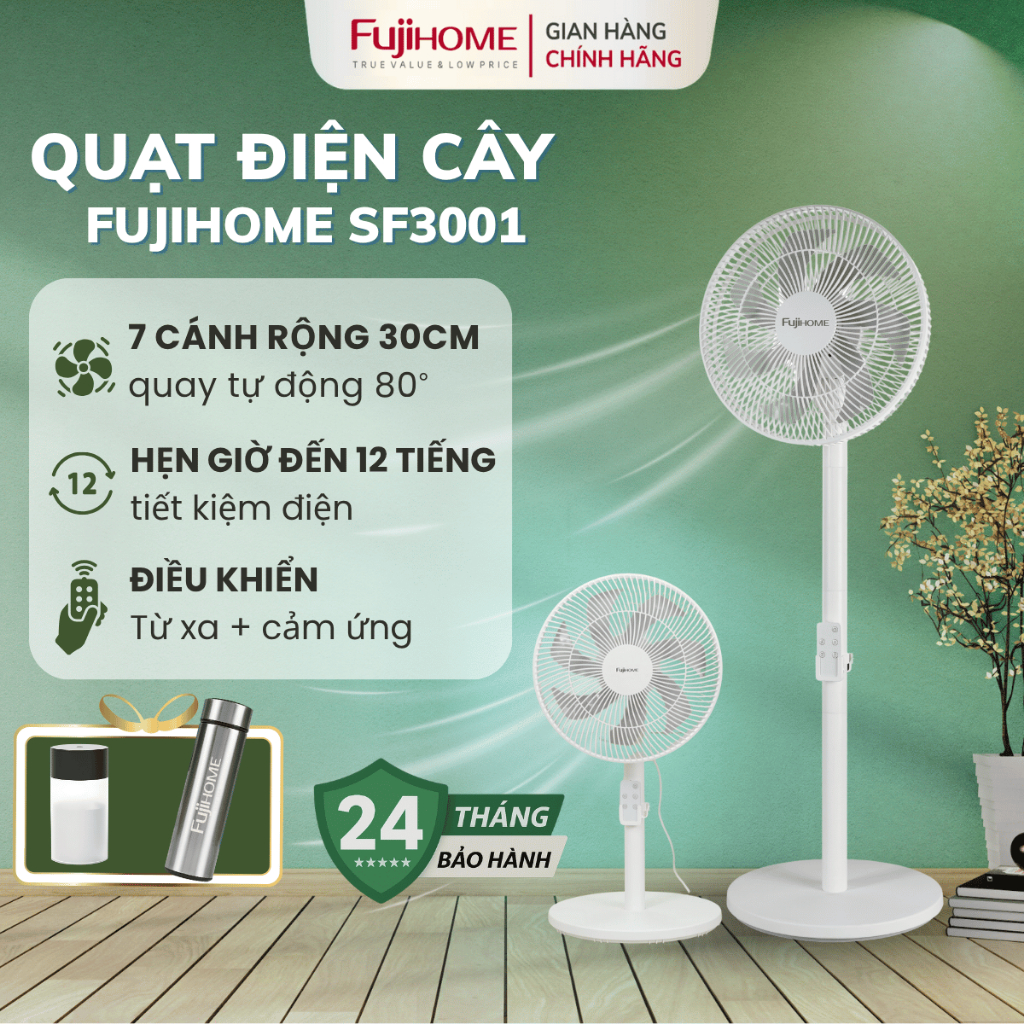 Quạt Đứng FUJIHOME SF3001 Nhập Khẩu Điều Khiển Từ Xa, Quạt Thông Minh 3 Mức Gió Gió Mạnh Siêu Êm