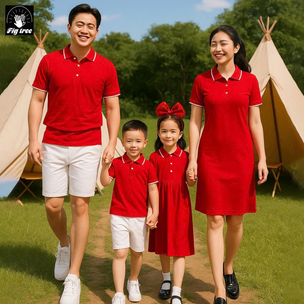 Combo Gia Đình Fig Tree Thun Polo Màu Đỏ Vải Cá Sấu Co Giãn 4 Chiều, Hàng Thiết Kế, Nhiều size