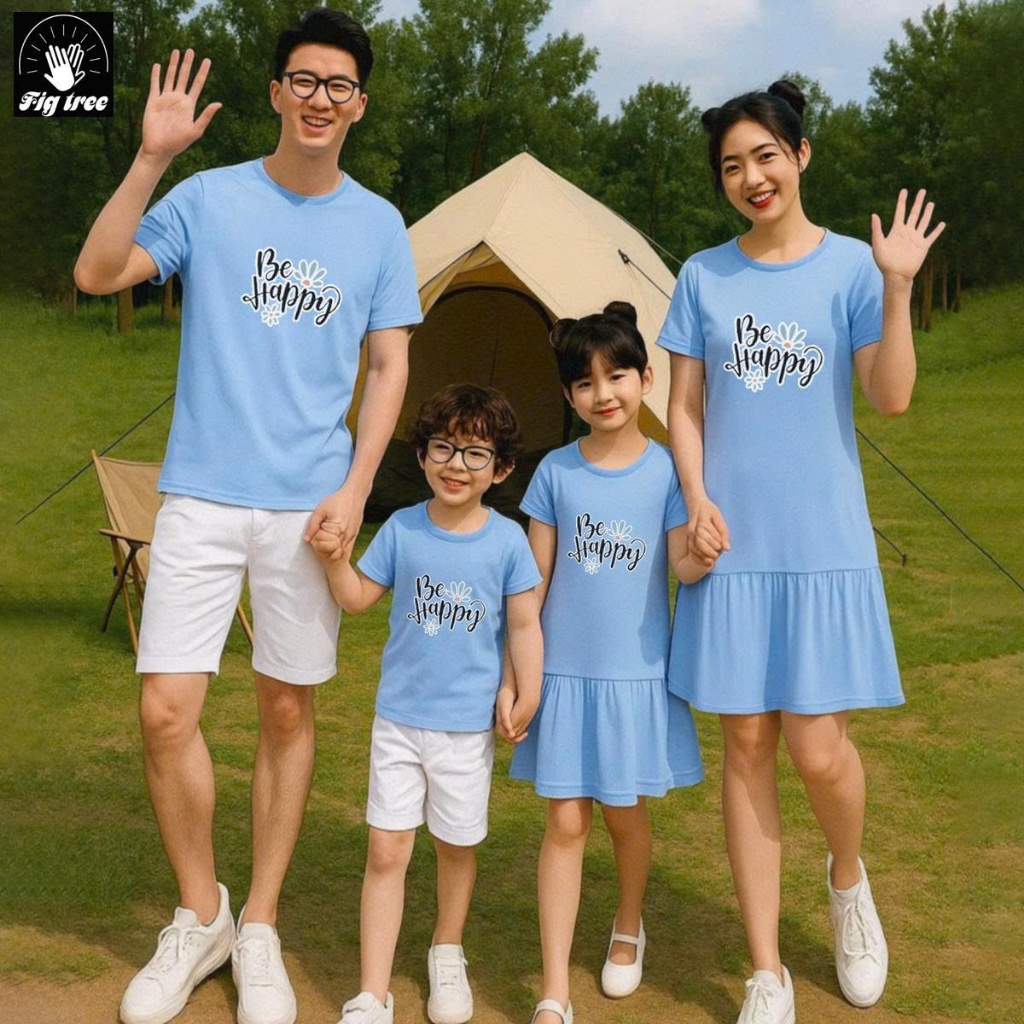 Set Áo Gia đình Fig Tree Màu Xanh Nhạt , Set Áo Nam Váy Nữ Be Happy Chất Cotton Co giãn, Mềm Mát