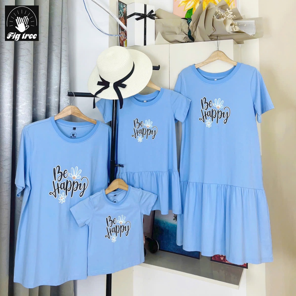 Set Áo Gia đình Fig Tree Màu Xanh Nhạt , Set Áo Nam Váy Nữ Be Happy Chất Cotton Co giãn, Mềm Mát