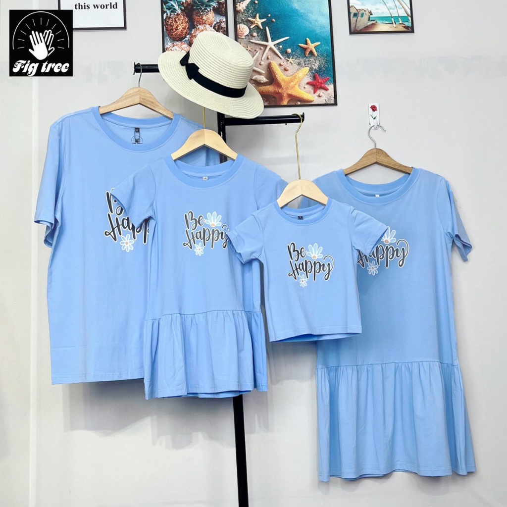 Set Áo Gia đình Fig Tree Màu Xanh Nhạt , Set Áo Nam Váy Nữ Be Happy Chất Cotton Co giãn, Mềm Mát