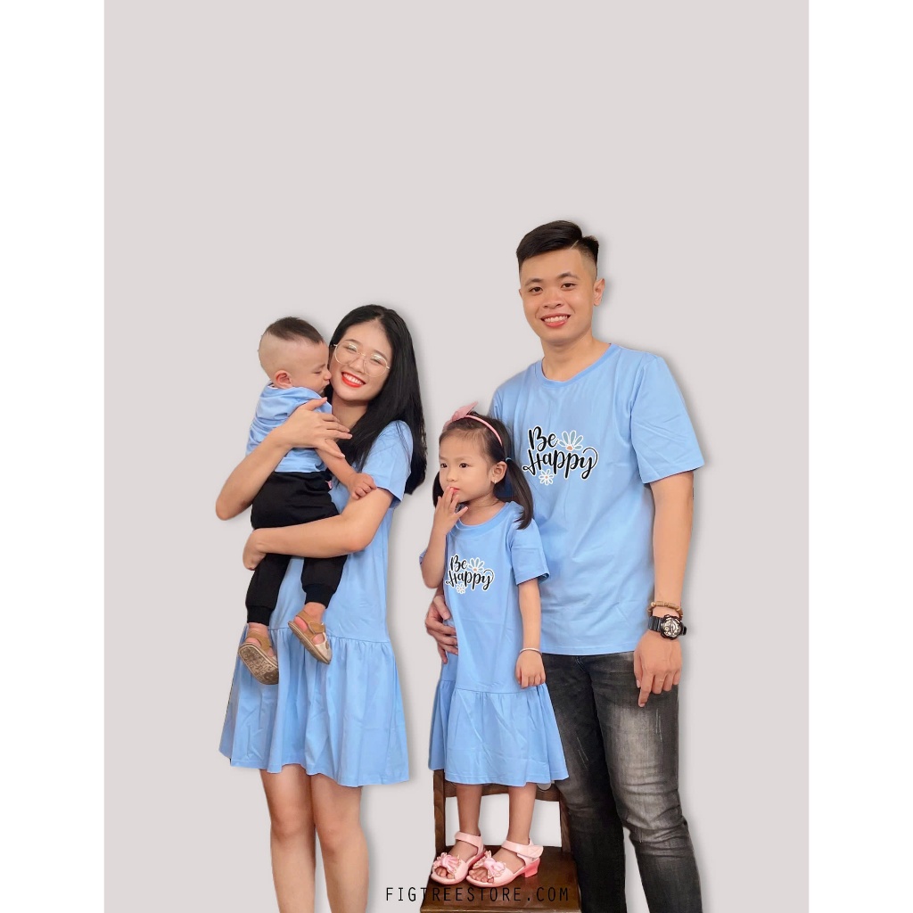 Set Áo Gia đình Fig Tree Màu Xanh Nhạt , Set Áo Nam Váy Nữ Be Happy Chất Cotton Co giãn, Mềm Mát