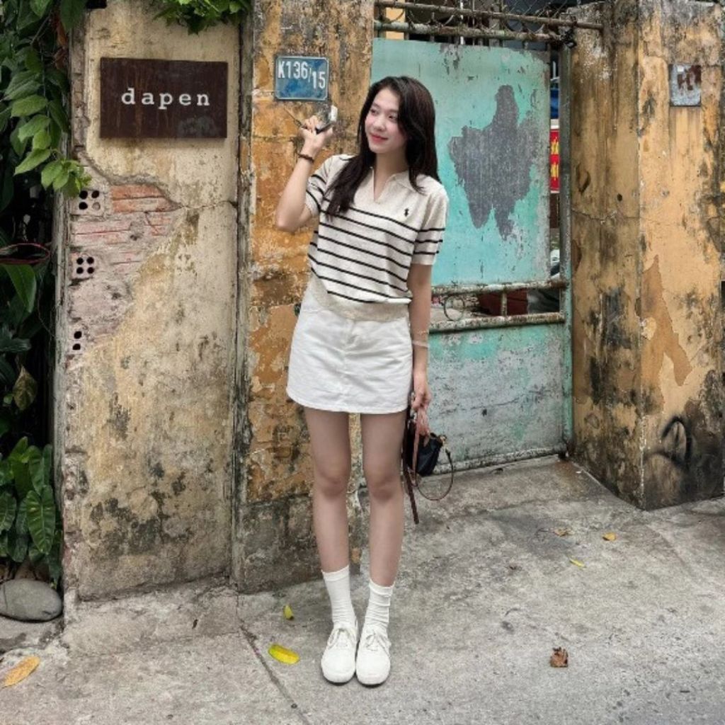 TudoQuinzy Áo thun ngắn tay, áo len mongtoghi kẻ sọc ngang CỔ POLO XẺ V mỏng nhẹ thêu ngựa