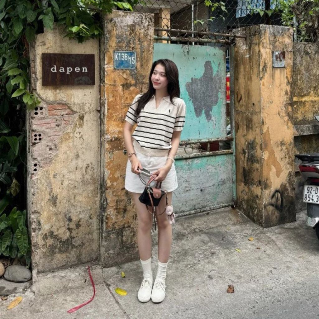 TudoQuinzy Áo thun ngắn tay, áo len mongtoghi kẻ sọc ngang CỔ POLO XẺ V mỏng nhẹ thêu ngựa