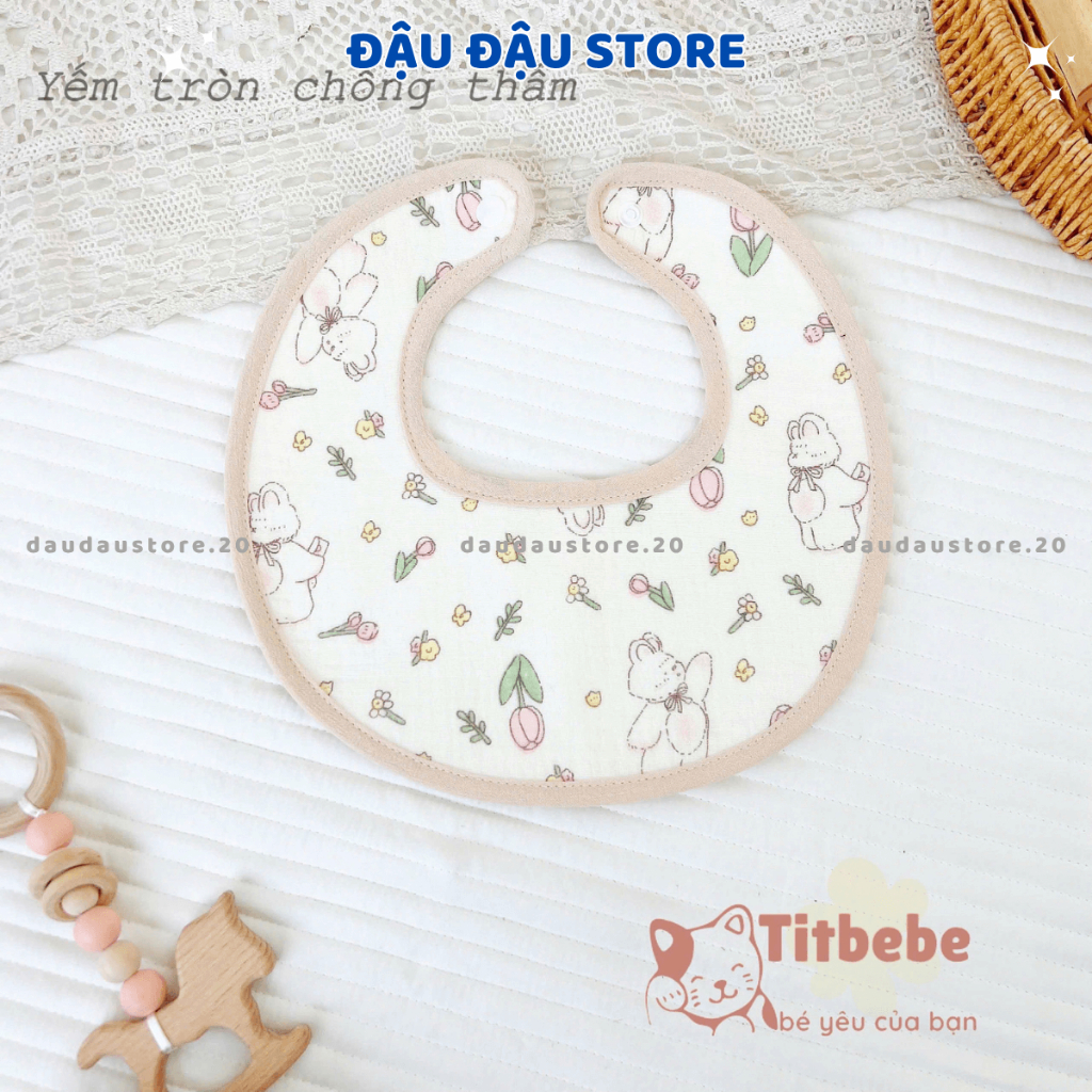 Set 4 Yếm Tròn Sơ Sinh Chống Thấm Xô Muslin Cúc Bấm ATT in họa tiết 4 lớp cao cấp mềm mại cho bé trai gái Đậu Đậu Store