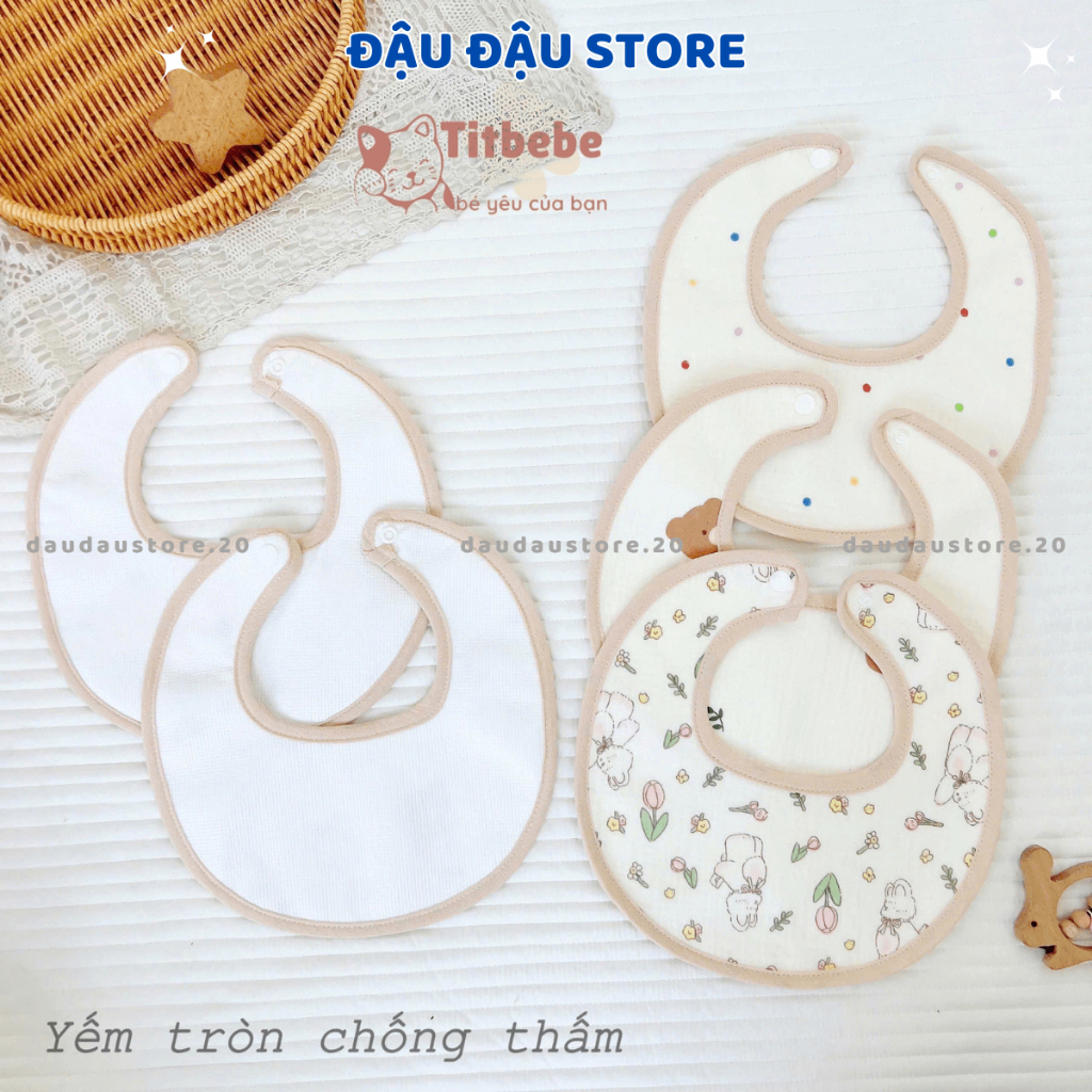 Set 4 Yếm Tròn Sơ Sinh Chống Thấm Xô Muslin Cúc Bấm ATT in họa tiết 4 lớp cao cấp mềm mại cho bé trai gái Đậu Đậu Store