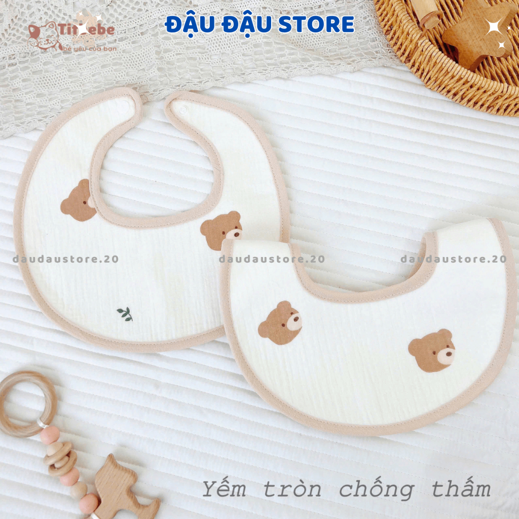 Set 4 Yếm Tròn Sơ Sinh Chống Thấm Xô Muslin Cúc Bấm ATT in họa tiết 4 lớp cao cấp mềm mại cho bé trai gái Đậu Đậu Store