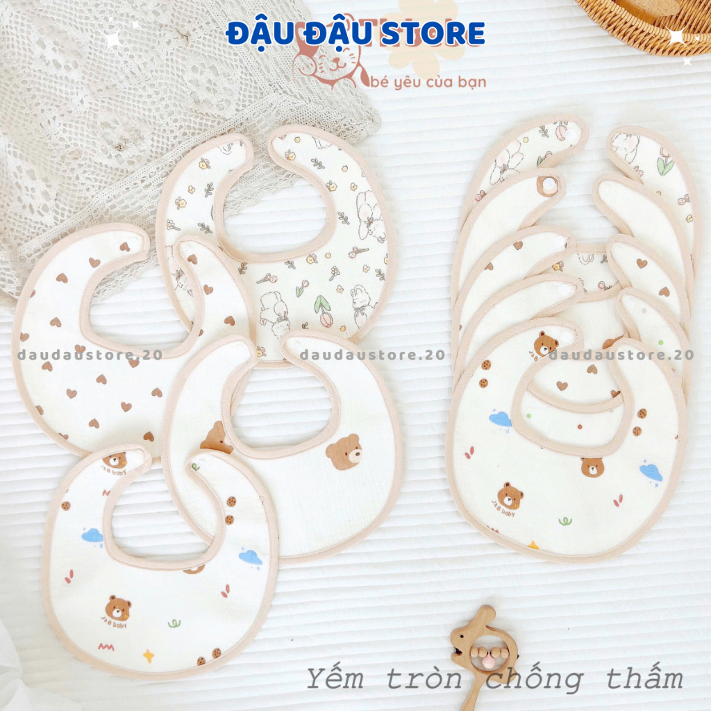 Set 4 Yếm Tròn Sơ Sinh Chống Thấm Xô Muslin Cúc Bấm ATT in họa tiết 4 lớp cao cấp mềm mại cho bé trai gái Đậu Đậu Store