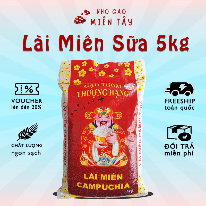 Gạo Lài Miên 5kg Loại 1 Campuchia - Thơm Dẻo Mềm Cơm Vừa - Kho Gạo Miền Tây