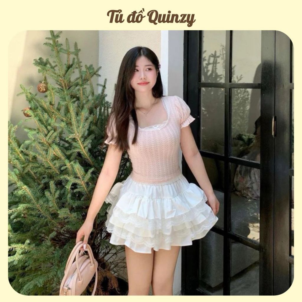 TudoQuinzy Chân váy nữ ren xếp tầng dáng xòe lưng chun cạp cao, váy chữ A dáng ngắn phong cách tiểu thư sexy