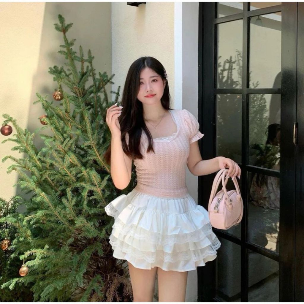 TudoQuinzy Chân váy nữ ren xếp tầng dáng xòe lưng chun cạp cao, váy chữ A dáng ngắn phong cách tiểu thư sexy