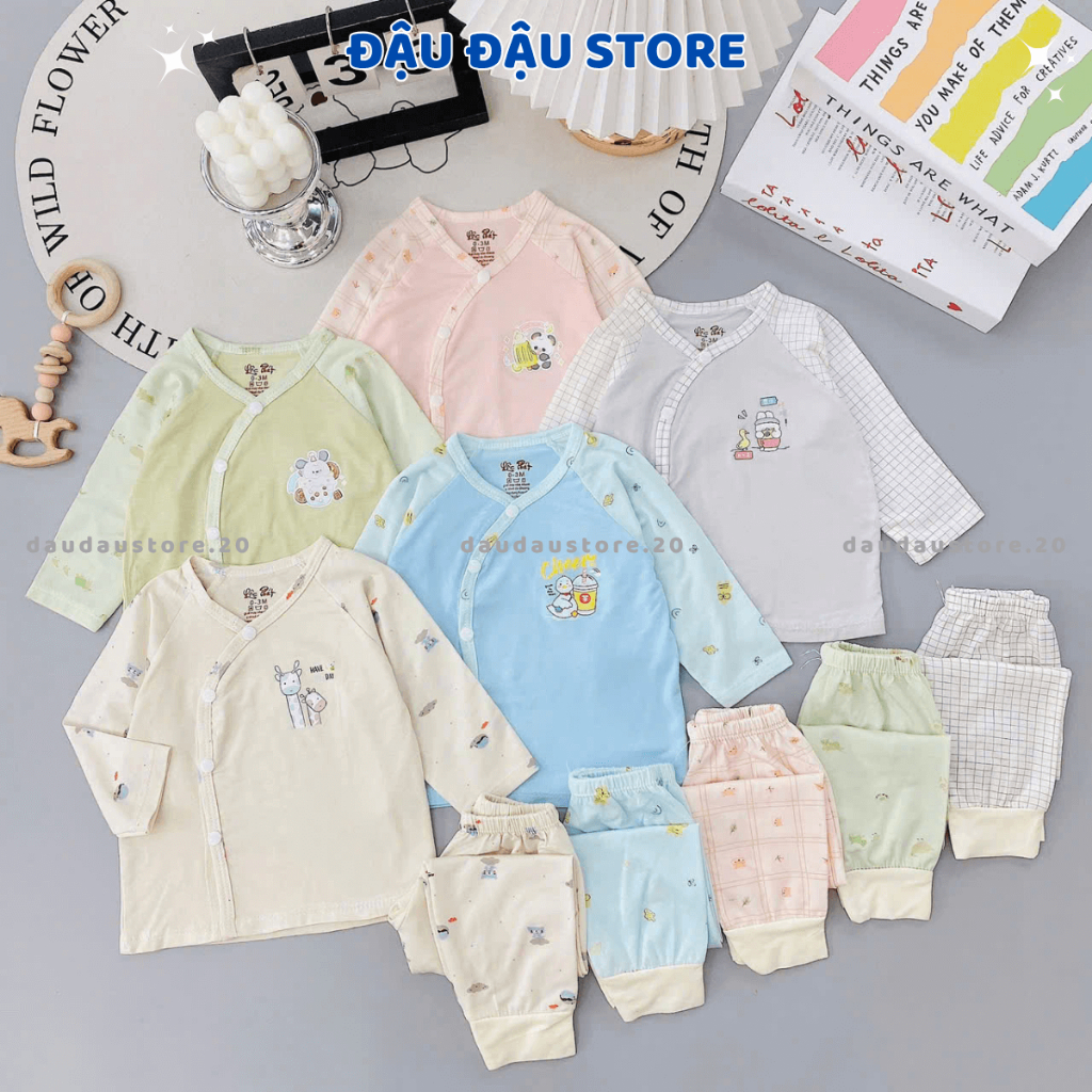 (Set 3 - Set 5) Bộ dài tay sơ sinh vạt chéo cúc bấm vải PEPTIT cao cấp cho bé sơ sinh 0 - 9 tháng  LP-DL16 Đậu Đậu Store