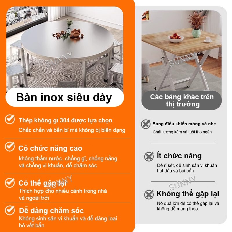 SUNNY Bàn gấp inox Bàn gấp inox tròn mặt bàn dày sáng bóng bền đẹp thích hợp cho nhà hàng gia đình