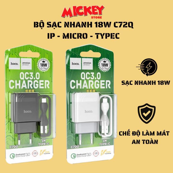 Bộ sạc Hoco C72Q sạc nhanh 18W ,chất liệu chống cháy siêu bền USB to Micro / Type-C / IP dài 1m.