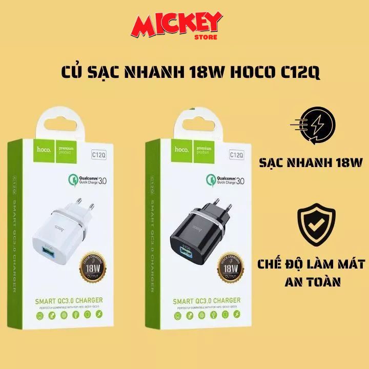 Củ Sạc Hoco C12Q Sạc Nhanh 18W Cho Samsung, Xiaomi, Oppo, IP - Cốc Sạc Nhanh QC 3.0, Siêu Bền