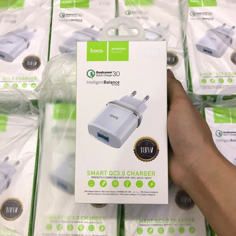 Củ Sạc Hoco C12Q Sạc Nhanh 18W Cho Samsung, Xiaomi, Oppo, IP - Cốc Sạc Nhanh QC 3.0, Siêu Bền