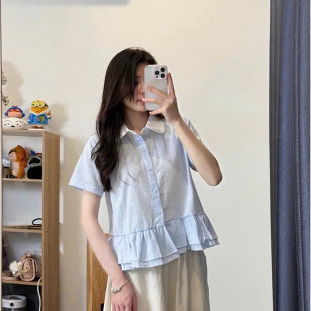 Áo sơ mi nữ cổ sen khuy nơ Thanhhuyen clothings2 , áo sơ mi nữ nhún eo siêu xinh