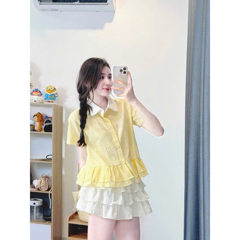 Áo sơ mi nữ cổ sen khuy nơ Thanhhuyen clothings2 , áo sơ mi nữ nhún eo siêu xinh