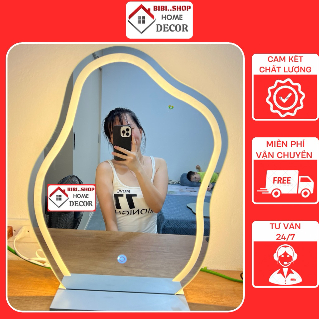 Gương để bàn trang điểm, Gương để bàn có đèn led cảm ứng tặng kèm đế gỗ