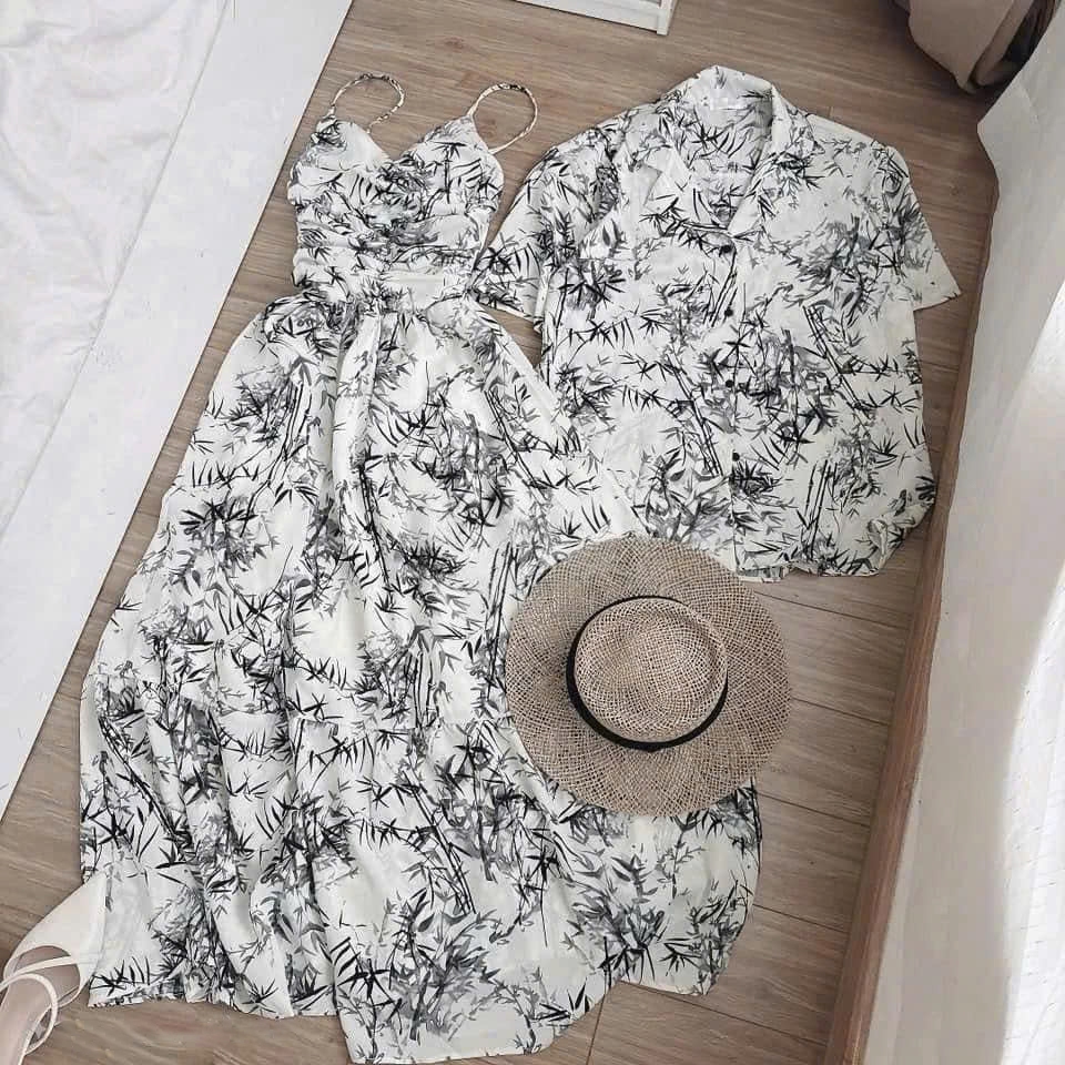 Set Đồ Nam Nữ Đi Biển - Váy 2 Dây Dáng Dài Có Mút Ngực Và Áo Sơ Mi Nam Họa Tiết Mềm Mát Cho Các Cặp Đôi Đi Du Lịch