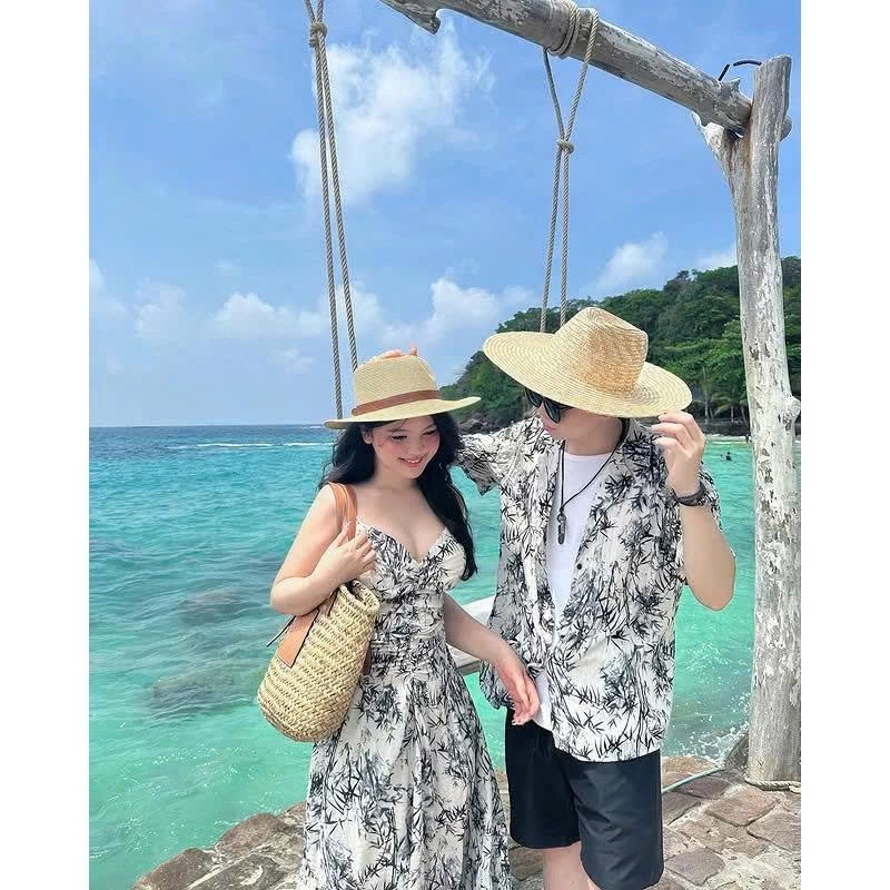 Set Đồ Nam Nữ Đi Biển - Váy 2 Dây Dáng Dài Có Mút Ngực Và Áo Sơ Mi Nam Họa Tiết Mềm Mát Cho Các Cặp Đôi Đi Du Lịch