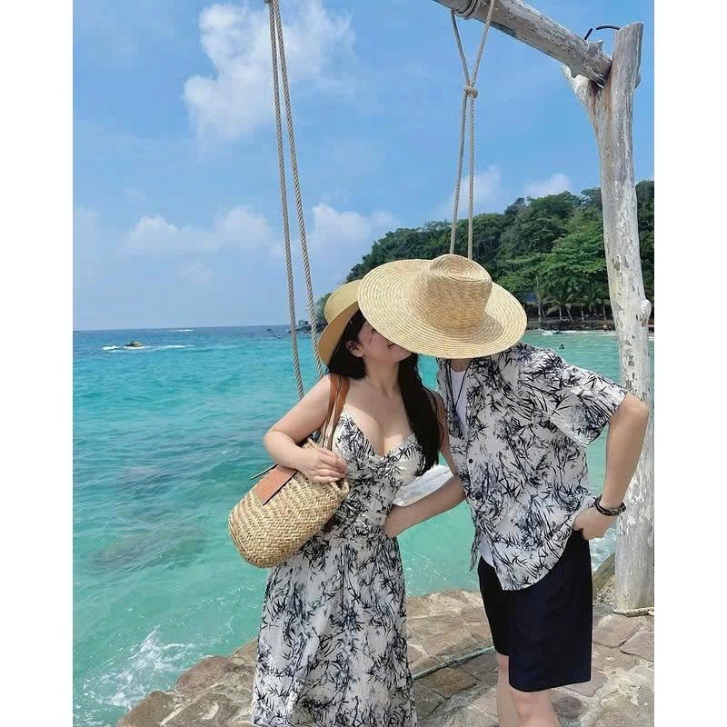 Set Đồ Nam Nữ Đi Biển - Váy 2 Dây Dáng Dài Có Mút Ngực Và Áo Sơ Mi Nam Họa Tiết Mềm Mát Cho Các Cặp Đôi Đi Du Lịch