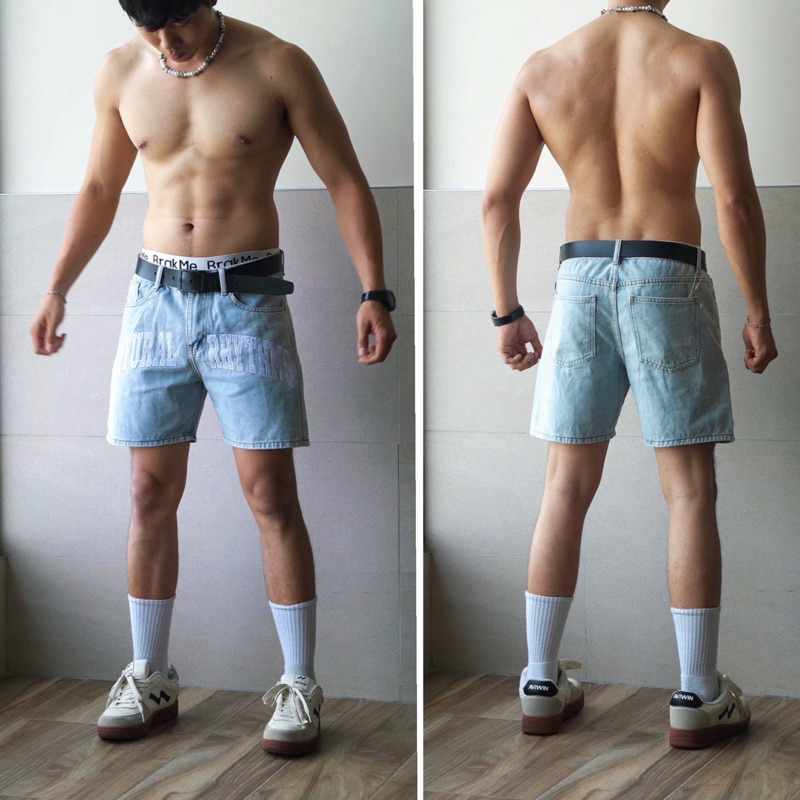 SHORT JEANS PHỐI CHỮ “NATURAL RHYTHMS”  - TMT.STU, UNISEX NAM NỮ, TRÊN GỐI. | TMTD35